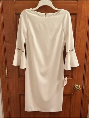 NWT Calvin Klein dress featuring gold trim detail on the split bell sleeves